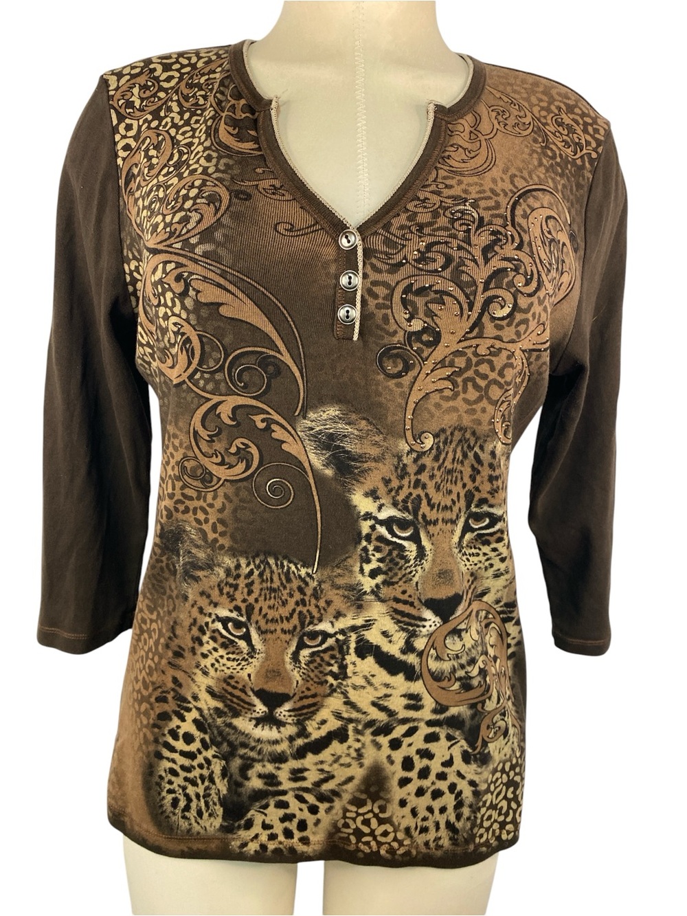 Blue Canyon Brown Leopard-Print Henley Women’s Top XL